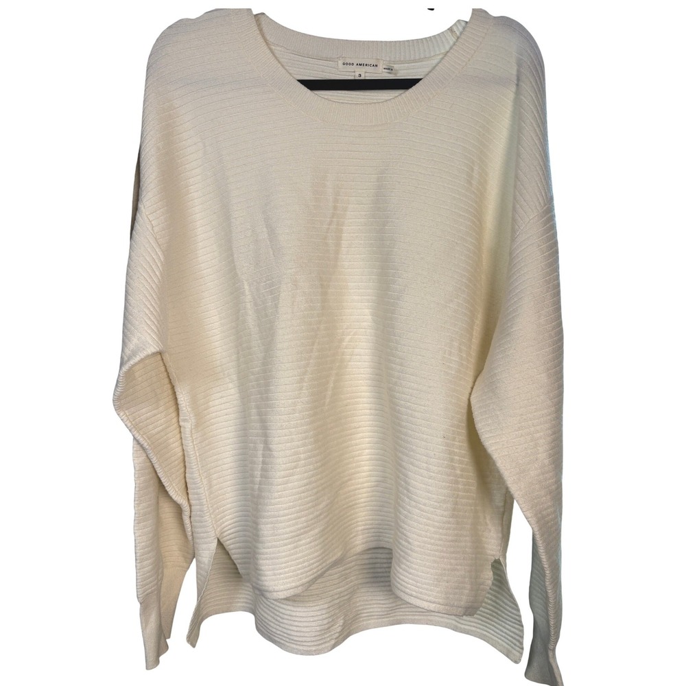 Good American Ivory Ribbed Crewneck Sweater Size 3 GSK0217NA Long Sleeve